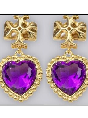 TORY BURCH ROXANNE GOLD LOGO PURPLE HEART DROP EARRINGS
